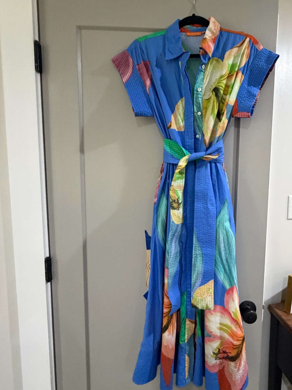 Oliphant Blue Floral Button-Front Maxi Dress with Tie Waist NWOT